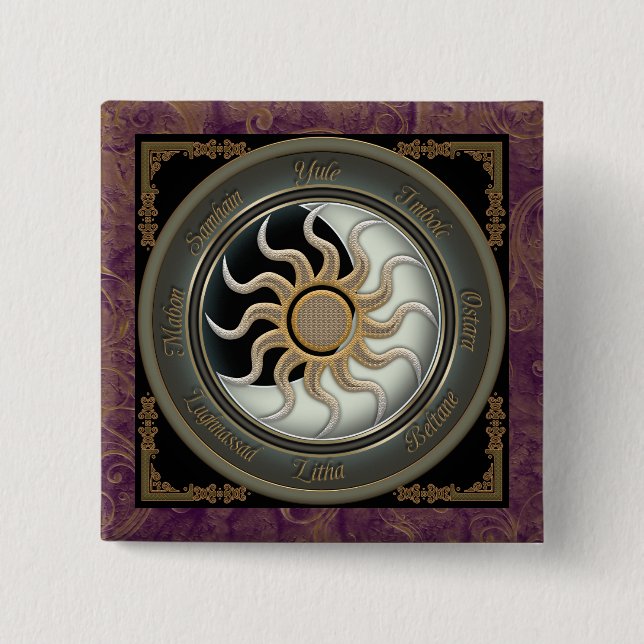 Sun and Moon Pagan Wheel 2 Inch Square Button (Front)