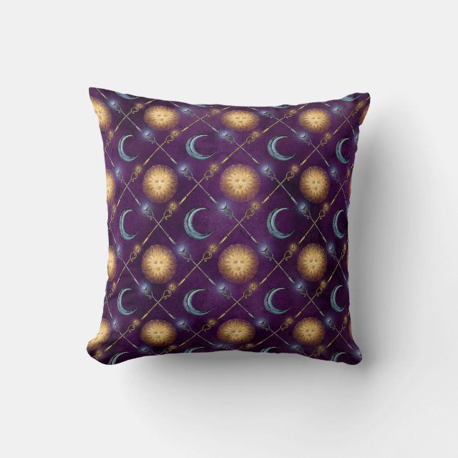 Sun and Moon Pattern on Purple Throw Pillow (Front)