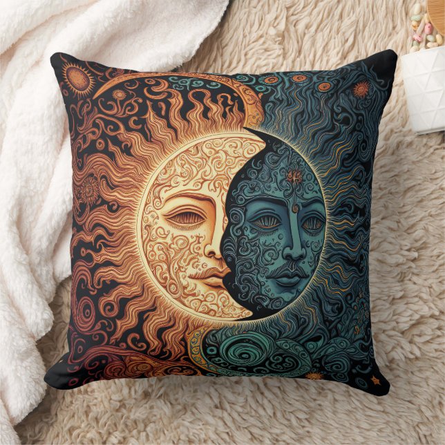 Sun and Moon Retro  Throw Pillow (Blanket)