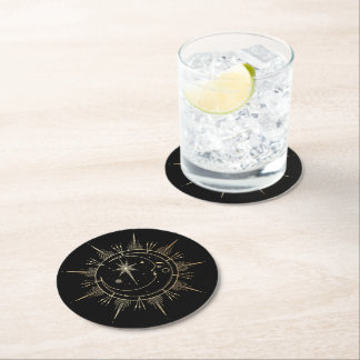 Sun and Moon Stars Celestial Faux Gold Black Round Paper Coaster
