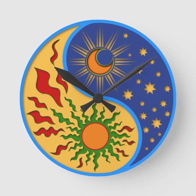 Sun and Moon Yin Yang Colourful Round Clock (Front)