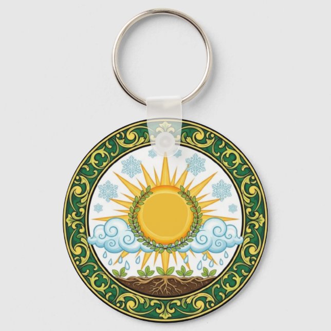 Sun and Rain Nature Cycle Botanical Emblem ART Keychain (Front)