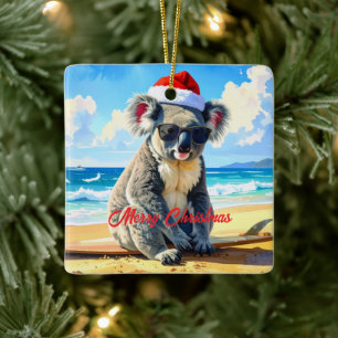 Sun and Surf Koala Santa Hat  Ceramic Ornament