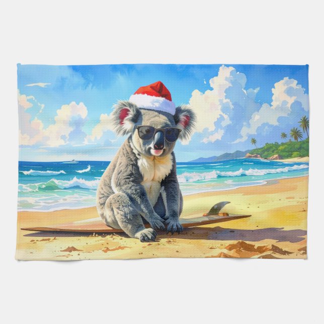 Sun and Surf Koala Santa Hat Kitchen Towel (Horizontal)