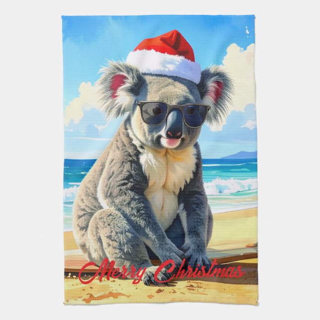 Sun and Surf Koala Santa Hat  Kitchen Towel (Vertical)