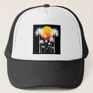 Sun And White Silhouette Palm Trees Trucker Hat