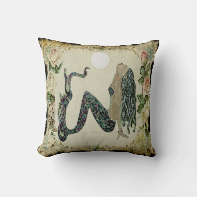 Sun Bathing Vintage Mermaid Throw Pillow (Front)