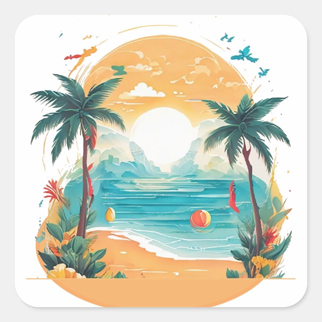 Sun Beach palm tree Square Sticker (Front)