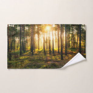 Sun beams shines in pine forest hand towel
