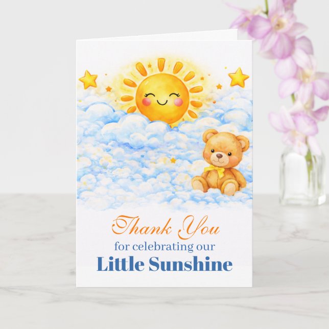 Sun Bear Clouds Baby Shower Thank You Card (Orchid)