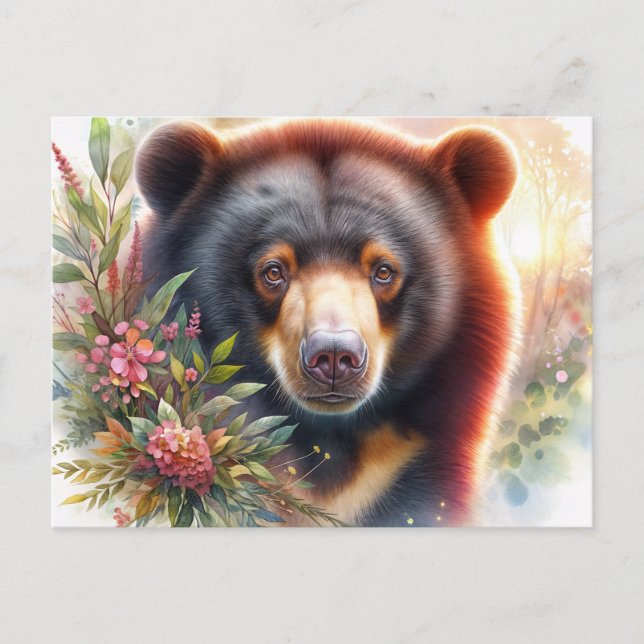 Sun Bear Floral Watercolor Wildlife Postcard (Front)