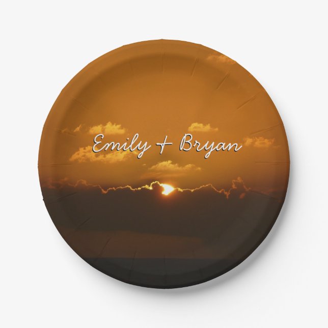 Sun Behind Clouds I Orange Sunset Photo Paper Plate (Front)