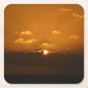 Sun Behind Clouds I Orange Sunset Photo Square Paper Coaster