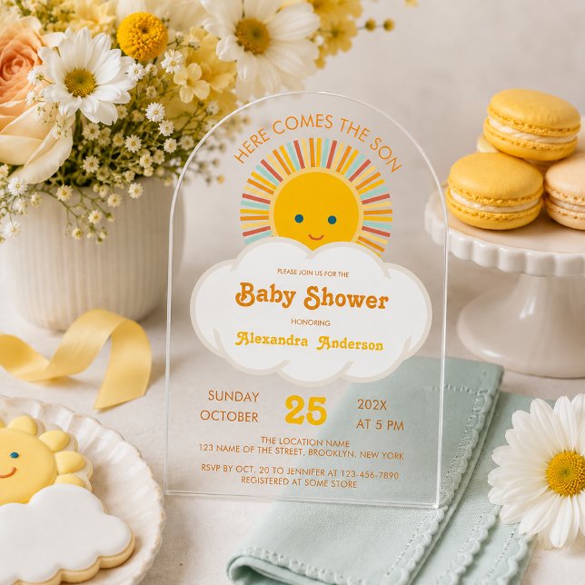 Sun Boy Baby Shower Here Comes the Son Cloud Cute Acrylic Invitations (Creator Uploaded)