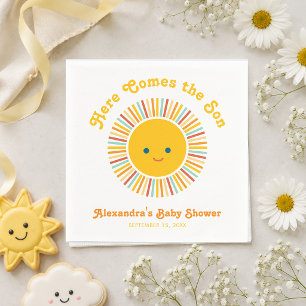 Sun Boy Baby Shower Here Comes the Son Retro Fonts Napkin