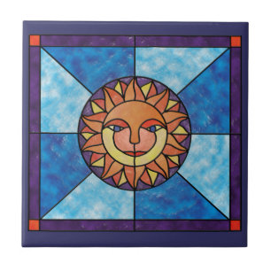 Sun Celestial Vintage Stained Glass Style Tile