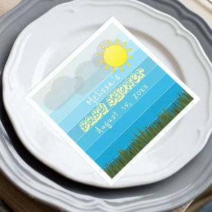 Sun Clouds and Grass on Blue Stripes Baby Shower Napkin