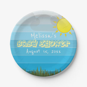 Sun Clouds and Grass on Blue Stripes Baby Shower Paper Plate