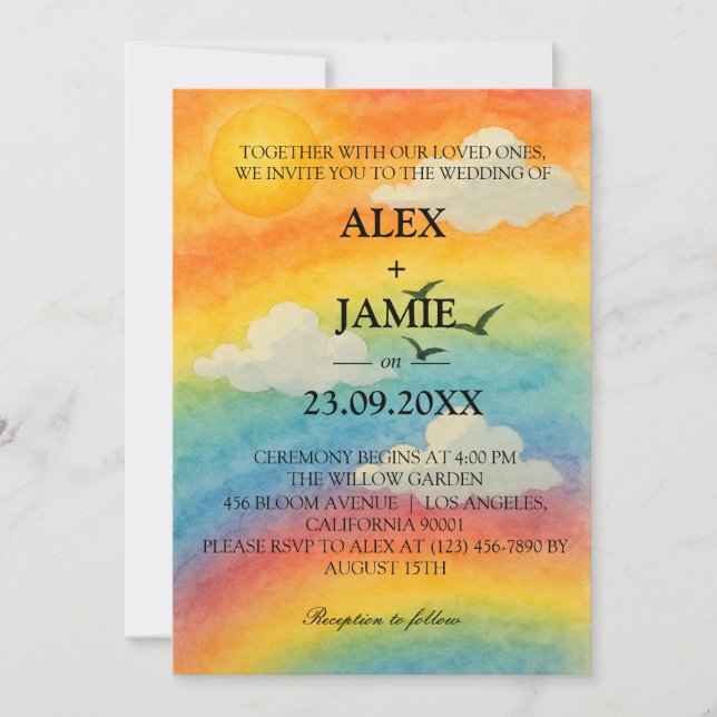 Sun & Clouds Watercolor Rainbow Wedding Invitation (Front)