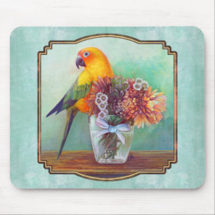 Sun conure and flowers mouse pad