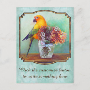 Sun conure and flowers postcard