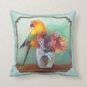 Sun conure and flowers throw pillow