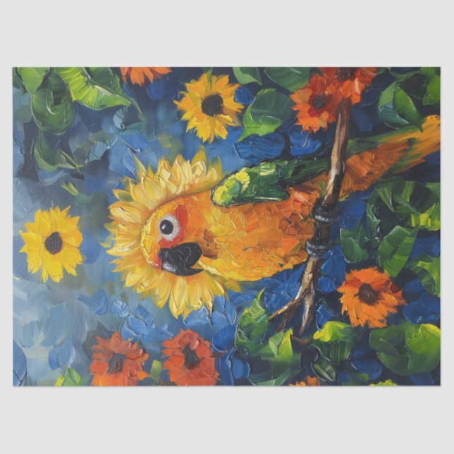 Sun Conure Parrot Oil Painting Floral Decoupage Tissue Paper (Front)
