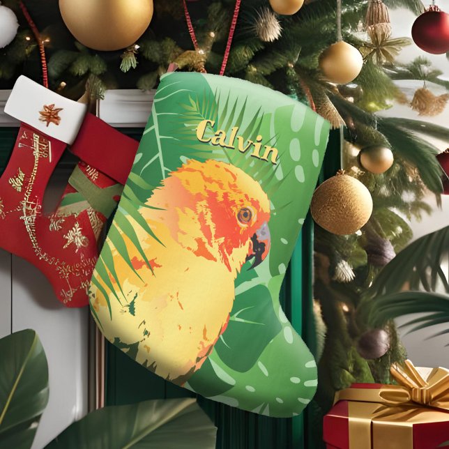 Sun Conure Parrot Pop Art Green Tropical Leaves Large Christmas Stocking (Sun Conure Parrot Pop Art Green Tropical Leaves Large Christmas Stocking; holiday decor for pet bird)