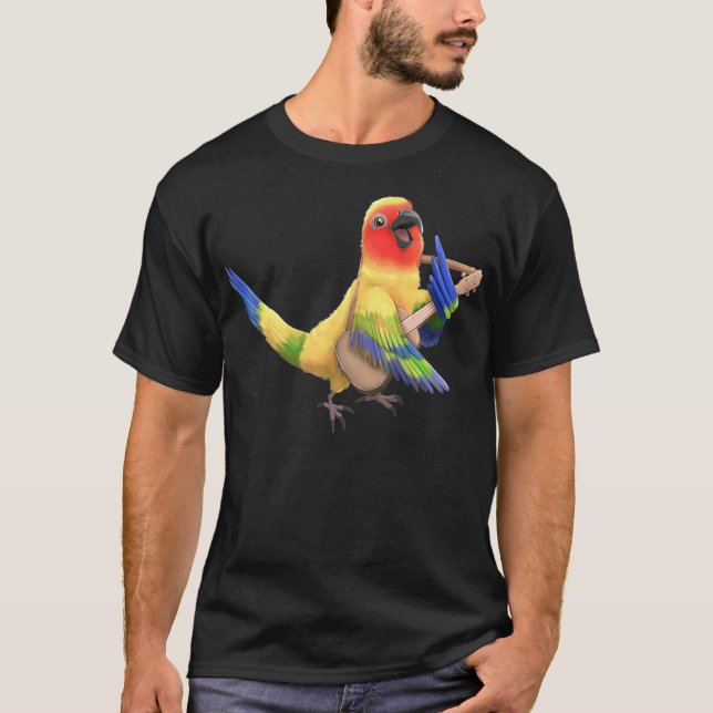 Sun Conure Parrot Singing Guitar Player Musician T-Shirt (Front)