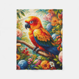 Sun Conure Parrot with Colourful Flowers Fleece Blanket