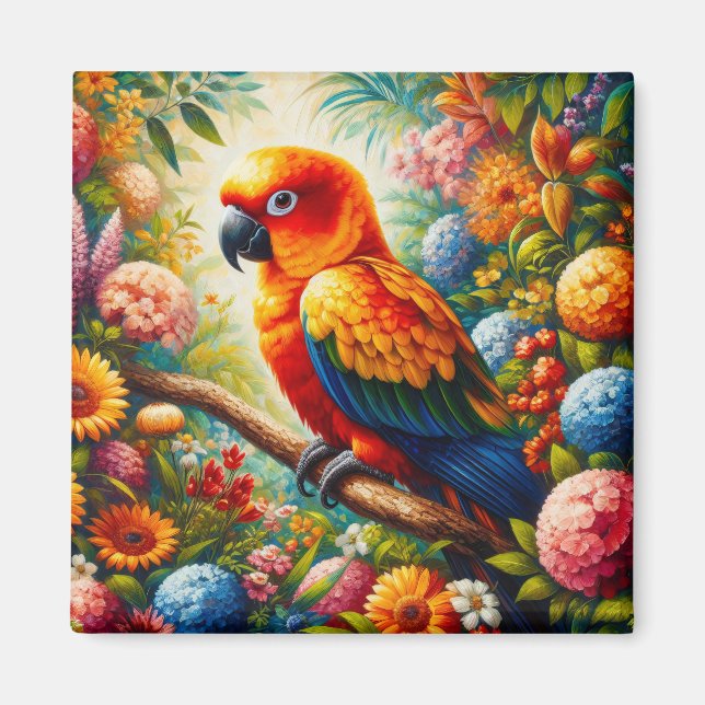 Sun Conure Parrot with Colourful Flowers Magnet (Front)