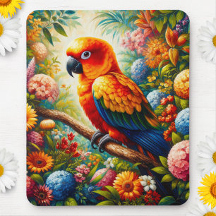 Sun Conure Parrot with Colourful Flowers Mouse Pad