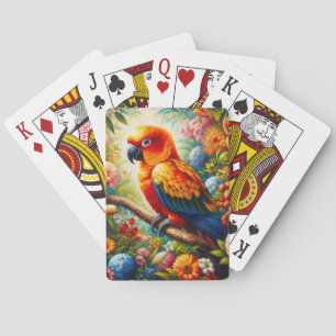 Sun Conure Parrot with Colourful Flowers Playing Cards