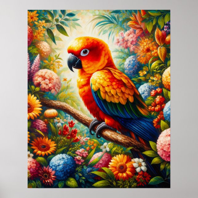 Sun Conure Parrot with Colourful Flowers Poster (Front)