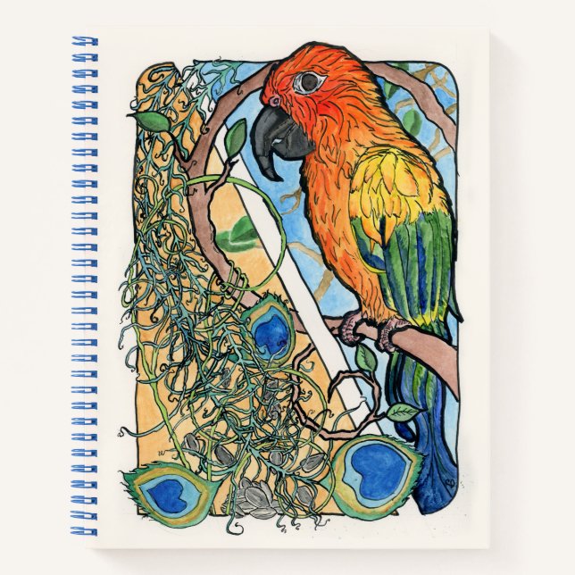 Sun Conure with Feathers and Sunflower Seeds Notebook (Front)