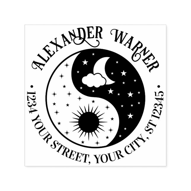 Sun Crescent Moon Stars Yin Yang Name Ret Address Self-inking Stamp (Design)