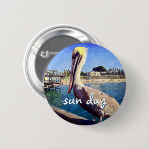 Sun Day Ocean Beach Pier Pelican Bird Photo Cute 2 Inch Round Button
