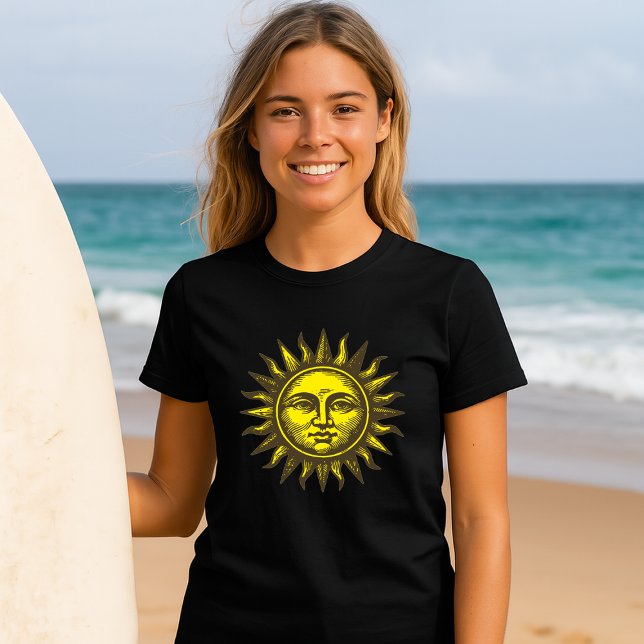 Sun Face Celestial Art Retro Woodcut Style T-Shirt (Creator Uploaded)