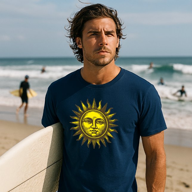 Sun Face Celestial Art Retro Woodcut Style T-Shirt (Creator Uploaded)