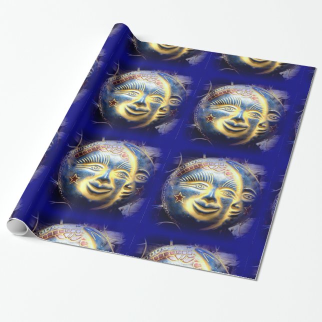sun face/ moon face celestial blue wrapping paper (Unrolled)