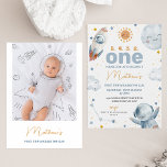 Sun First Trip Around the Sun Photo 1st Birthday  Invitation<br><div class="desc">Sun First Trip Around the Sun Photo 1st Birthday Invitation Sweet outer space or first trip around the sun first birthday invitation for a baby boy featuring a small sun, planet, stars, spaceship and spaceman. This boy's first trip around the sun has a photo on the back and is ideal...</div>