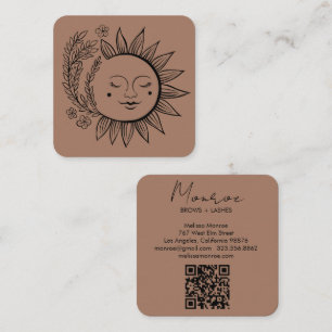 Sun Floral Boho Line Art Elegant QR Code Mocha Square Business Card