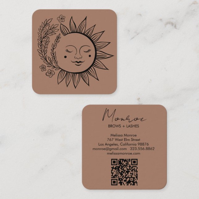Sun Floral Boho Line Art Elegant QR Code Mocha Square Business Card (Front/Back)