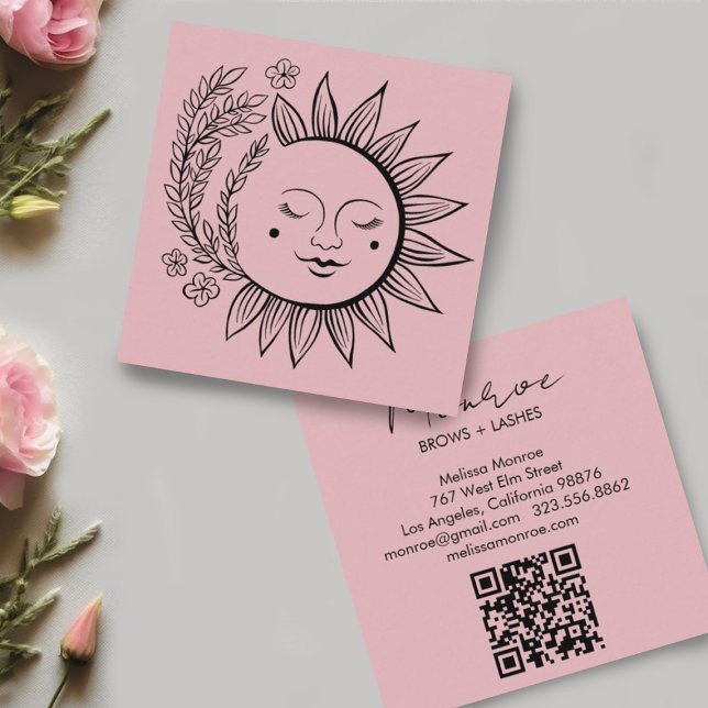 Sun Floral Boho Line Art Elegant QR Code Pink Square Business Card (Sweet sun and flowers on pink square business cards. Add your own link to the QR code)