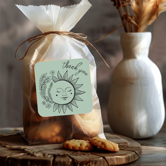 Sun Floral Boho THANK YOU Elegant Chic Sage Green Square Sticker (Sun Floral Boho THANK YOU Elegant Chic Sage Green Square Sticker
)