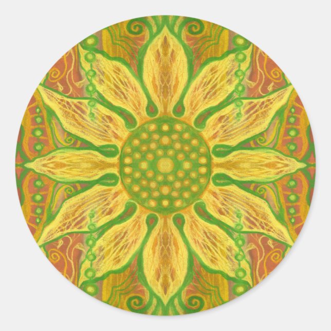 Sun Flower bohemian floral art yellow green orange Classic Round Sticker (Front)
