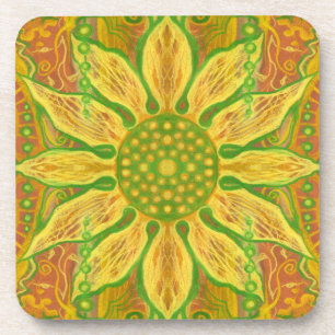 Sun Flower bohemian floral art yellow green orange Coaster