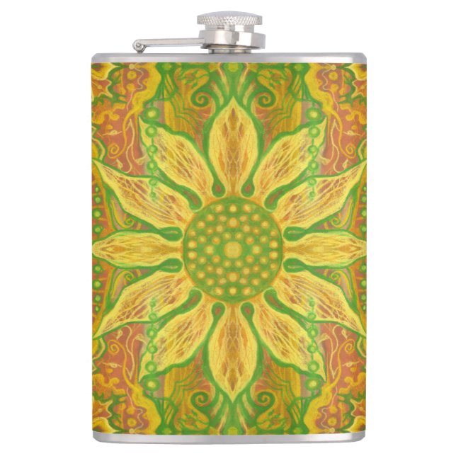 Sun Flower bohemian floral art yellow green orange Hip Flask (Front)