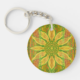 Sun Flower bohemian floral art yellow green orange Keychain