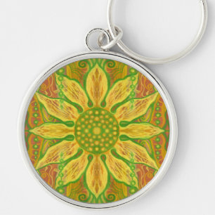 Sun Flower bohemian floral art yellow green orange Keychain